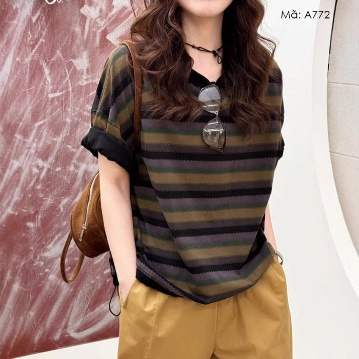 Áo T-shirt ngắn tay cổ tròn kẻ sọc - A772