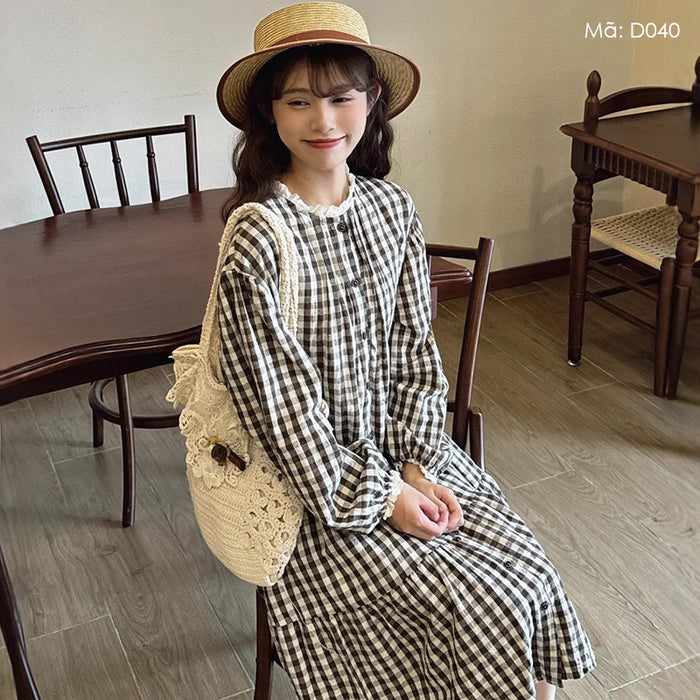 Đầm liền linen Morigirl dài tay cổ tròn kẻ caro - D040