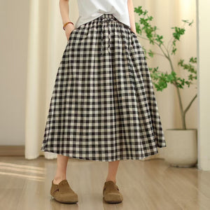 Chân váy linen lưng thun dây rút kẻ caro - V091