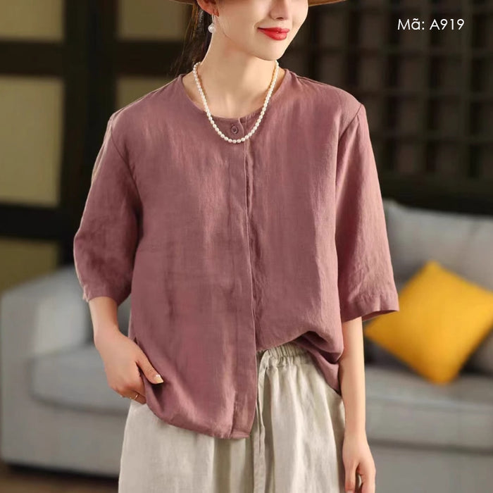Áo sơ mi linen ngắn tay cổ tròn dấu khuy - A919