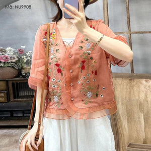 Áo sơ mi linen ngắn tay cổ V thêu hoa lá đối xứng - NU9908