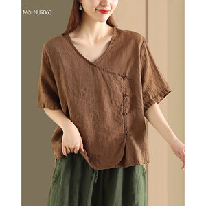 Áo sơ mi linen ngắn tay cổ V vạt lệch - NU9060