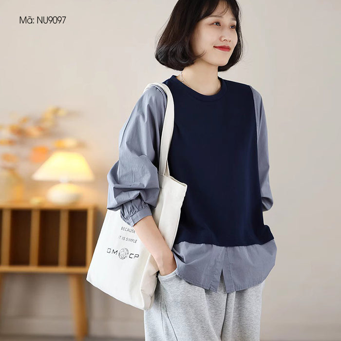 Áo T-shirt dài tay cổ tròn kiểu hai lớp sơ mi - NU9097