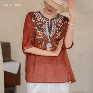 Áo sơ mi linen ngắn tay cổ tròn xẻ V thêu retro - NU10052