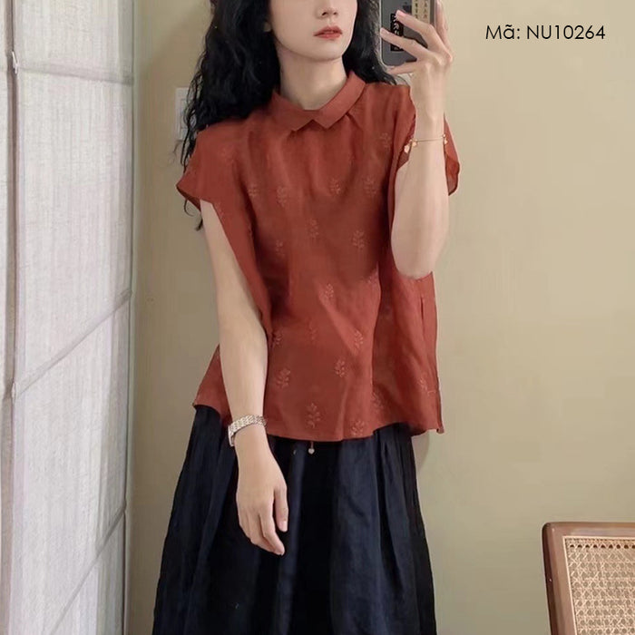 Áo sơ mi linen sát nách cổ pipi thêu hóa lá đồng màu - NU10264
