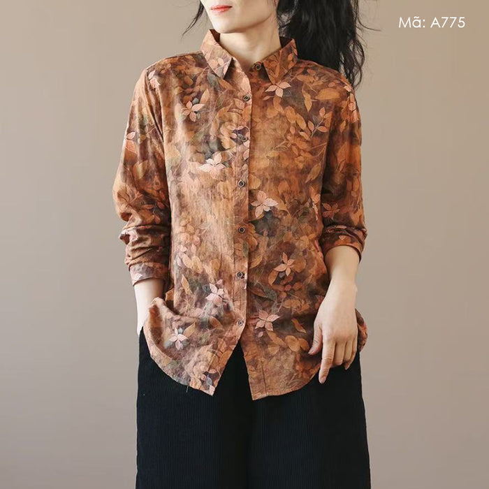 Áo sơ mi dài tay cổ đức in hoa retro - A775