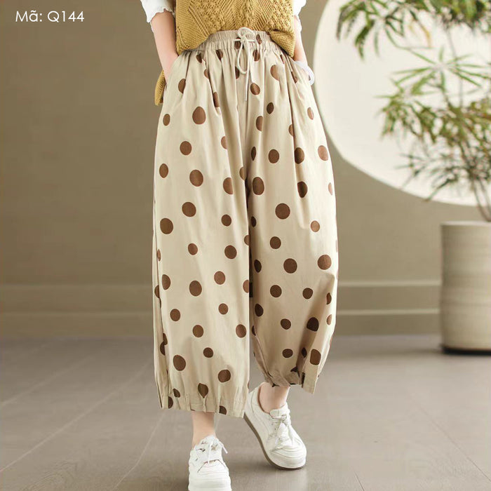 Quần baggy linen lửng lưng thun chấm bi ống đứng - Q144