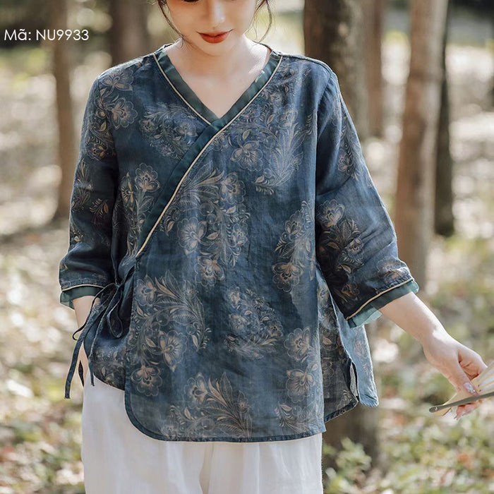 Áo sơ mi linen tay lửng cổ V vạt lệch thắt dây - NU9933