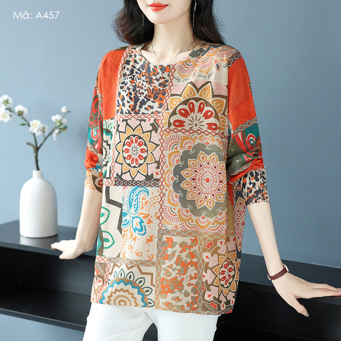 Áo len dài tay cổ tròn in hoa văn retro - A457