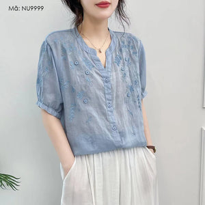 Áo sơ mi linen ngắn tay cổ tròn xẻ V thêu hoa lá đối xứng - NU9999