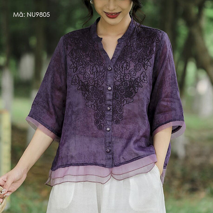 Áo sơ mi linen ngắn tay cổ V thêu hoa lá đồng màu - NU9805