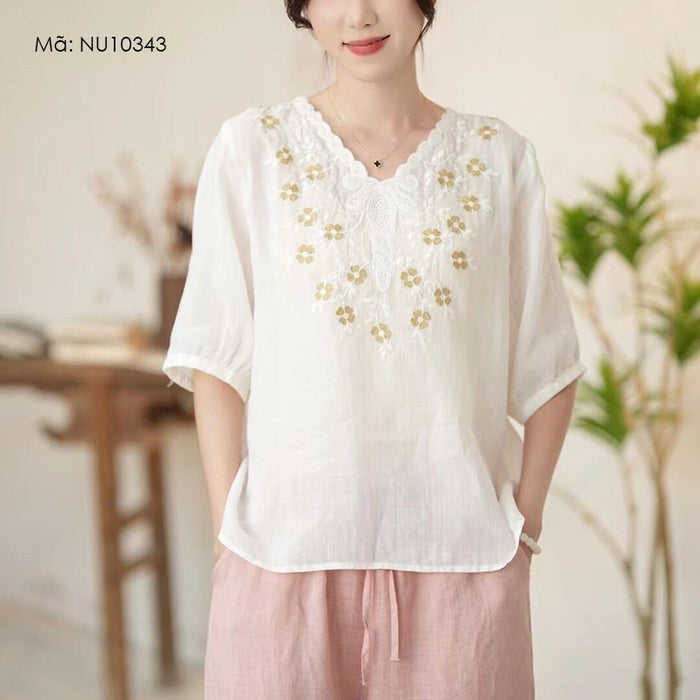 Áo sơ mi linen ngắn tay cổ V thêu hoa bốn cánh - NU10343