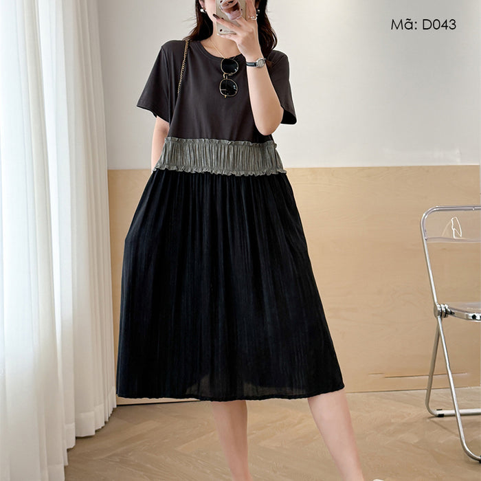 Đầm liền linen ngắn tay cổ tròn kiểu hai tầng - D043