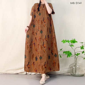 Đầm liền linen ngắn tay cổ tròn - D141