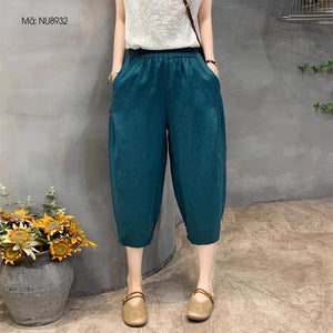 Quần baggy linen lửng lưng thun hai túi chéo chỉ nổi - NU8932