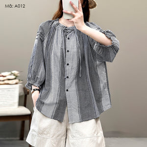 Áo sơ mi tay lửng cổ tròn dây rút kẻ caro - A012