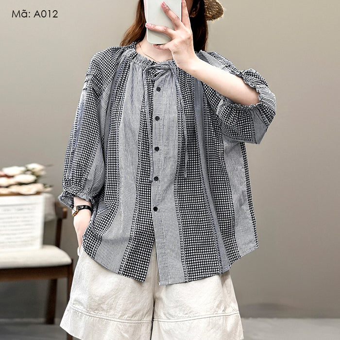 Áo sơ mi tay lửng cổ tròn dây rút kẻ caro - A012