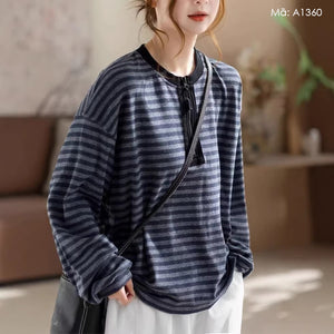 Áo T-shirt dài tay kẻ sọc khóa kéo - A1360