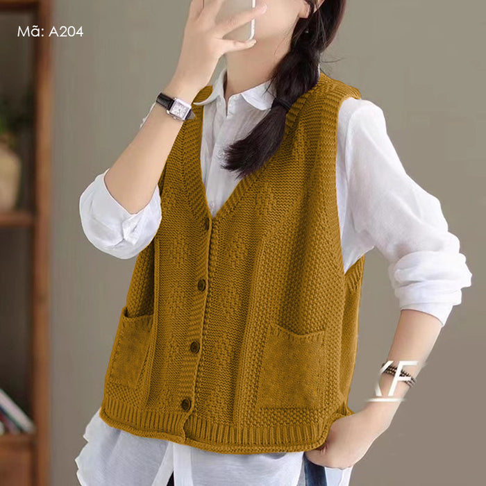 Áo khoác gile len đan mắt cáo cổ V hai túi vuông - A204