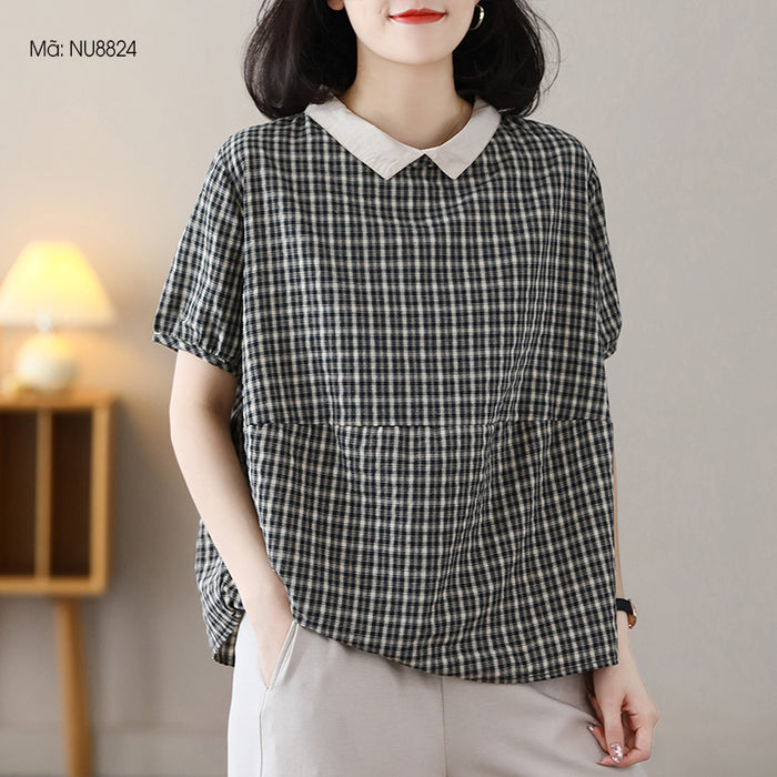 Áo sơ mi ngắn tay cổ pipi kẻ sọc caro khuy cài sau - NU8824