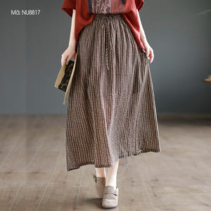 Chân váy linen lưng thun in hoa văn retro kẻ sọc - NU8817