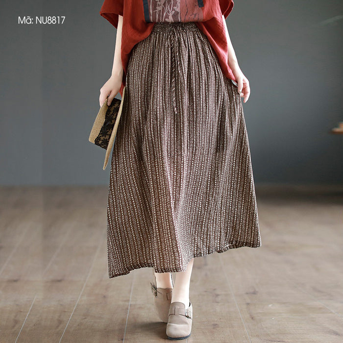 Chân váy linen lưng thun in hoa văn retro kẻ sọc - NU8817