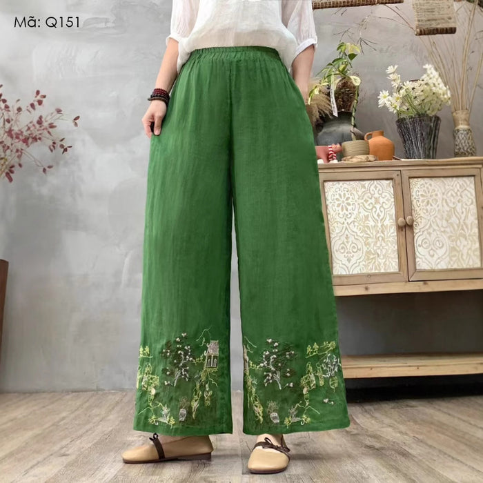 Quần baggy linen lưng thun ống rộng thêu tranh - Q151