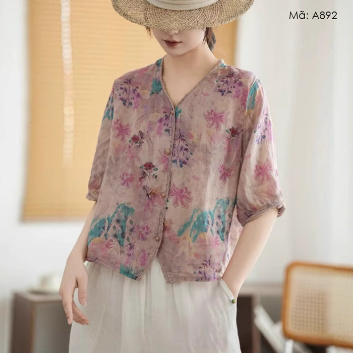 Áo sơ mi linen ngắn tay cổ V in hoa lá bo ren - A892