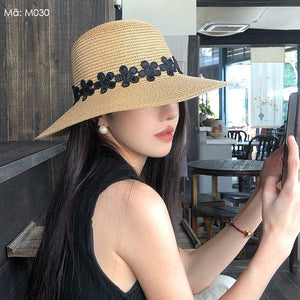 Mũ cói retro đính hoa rộng vành - M030