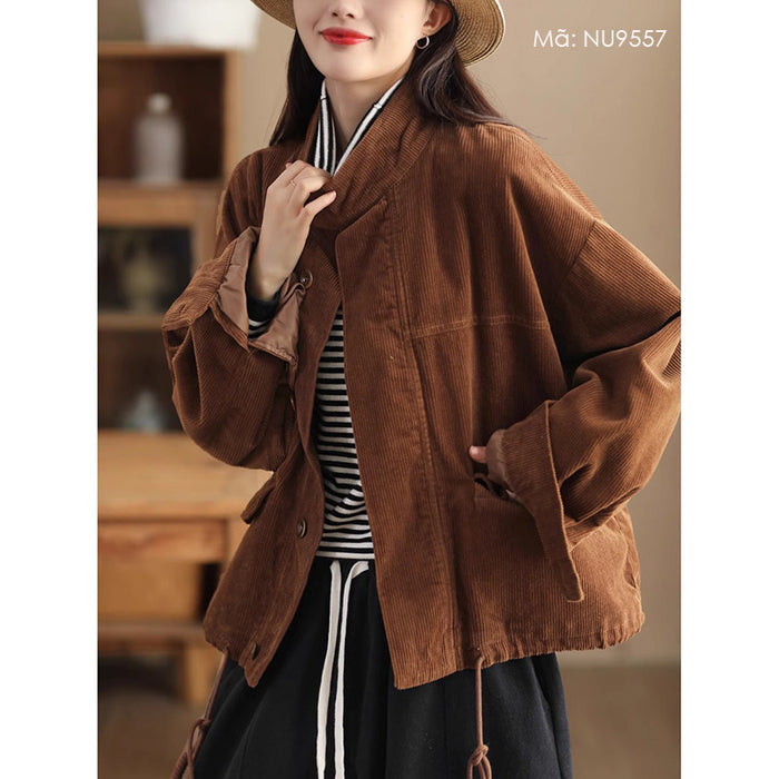 Áo khoác nhung retro dài tay cổ đứng dây rút - NU9557