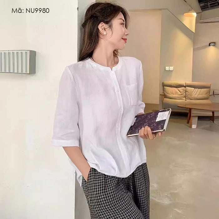 Áo sơ mi linen ngắn tay cổ tròn một túi retro - NU9980