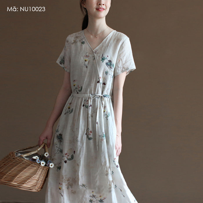 Đầm liền linen hoa lá ngắn tay cổ V vạt chéo eo thắt dây - NU10023