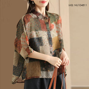 Áo sơ mi linen ngắn tay cổ đức in hoa văn ô vuông retro - NU10481