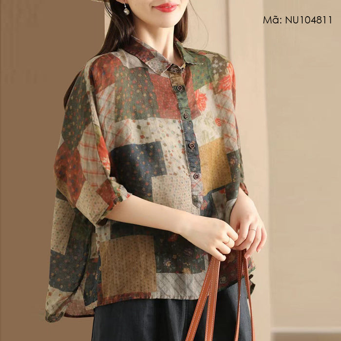 Áo sơ mi linen ngắn tay cổ đức in hoa văn ô vuông retro - NU10481
