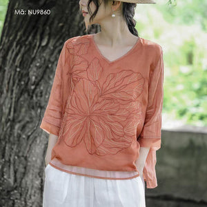Áo sơ mi linen ngắn tay cổ V thêu hoa nổi hai lớp - NU9860