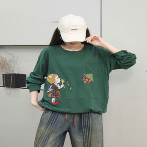 Áo T-shirt dài tay cổ tròn thêu cô gái và hoa bồ công anh - A253