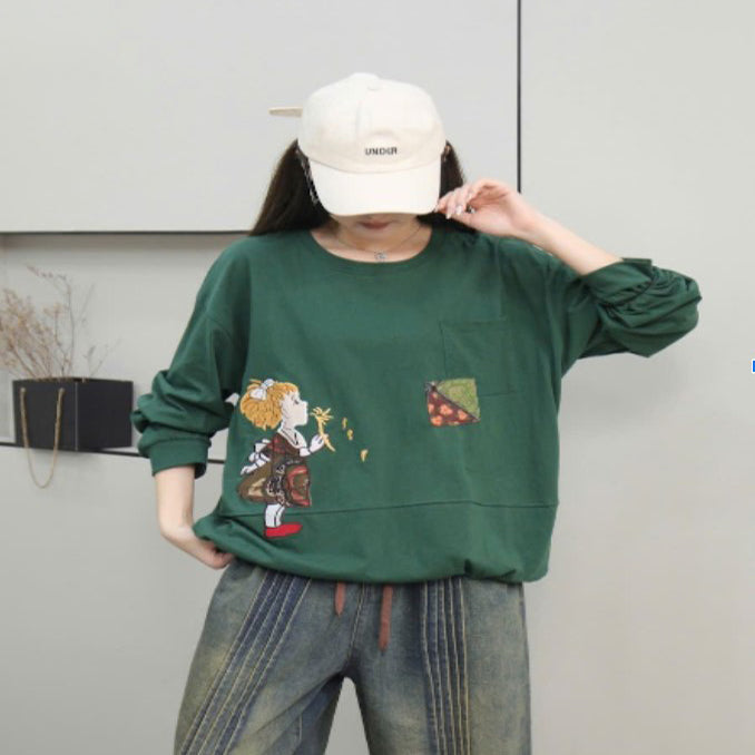 Áo T-shirt dài tay cổ tròn thêu cô gái và hoa bồ công anh - A253