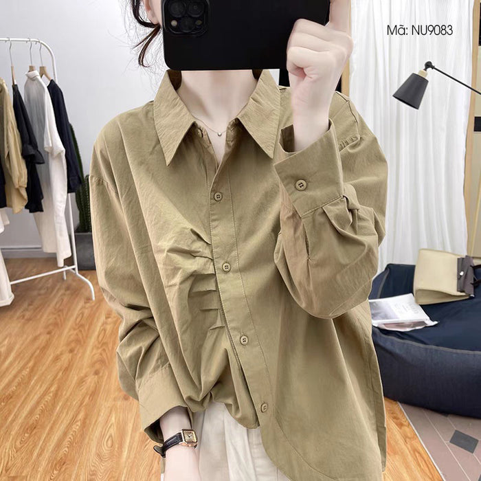 Áo sơ mi dài tay cổ đức vạt lệch kiểu xếp ly - NU9083