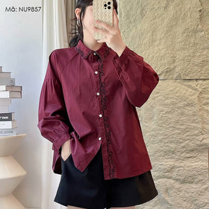 Áo sơ mi linen dài tay cổ đức thêu bo viền - NU9857