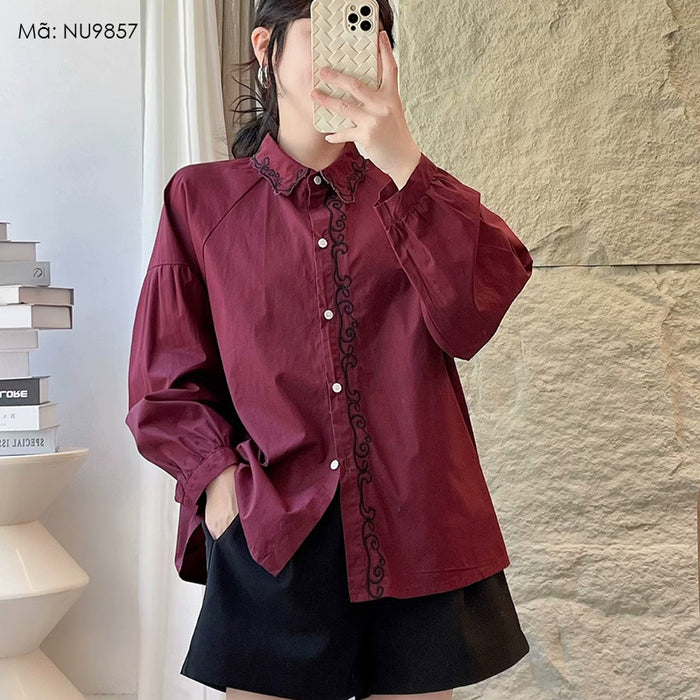 Áo sơ mi linen dài tay cổ đức thêu bo viền - NU9857