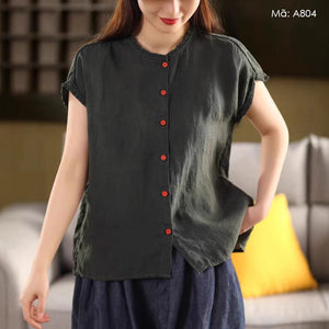 Áo sơ mi linen ngắn tay cổ tròn xếp ly - A804
