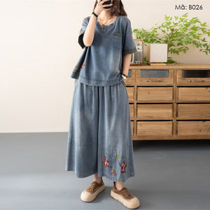 Bộ đồ denim gồm áo T-shirt và quần baggy lửng - B026