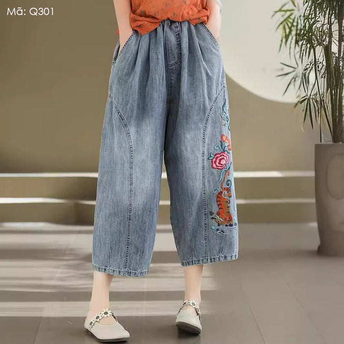 Quần baggy denim lửng thêu - Q301