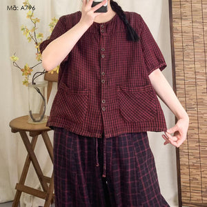 Áo sơ mi linen ngắn tay cổ tròn kẻ caro hai túi vuông - A796