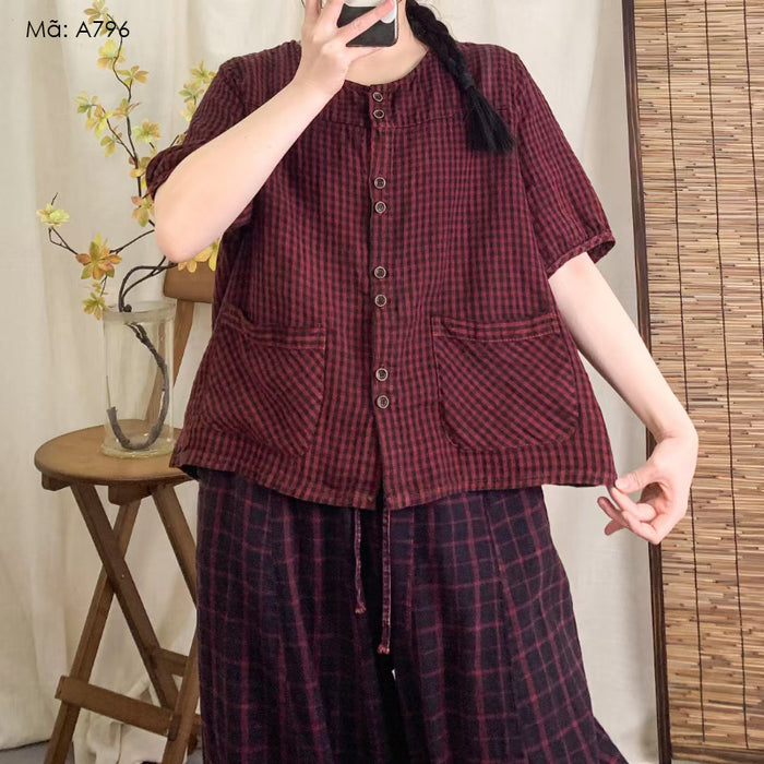 Áo sơ mi linen ngắn tay cổ tròn kẻ caro hai túi vuông - A796