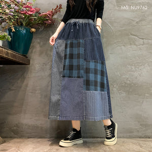 Chân váy denim retro lưng thun dây rút kẻ sọc caro - NU9762
