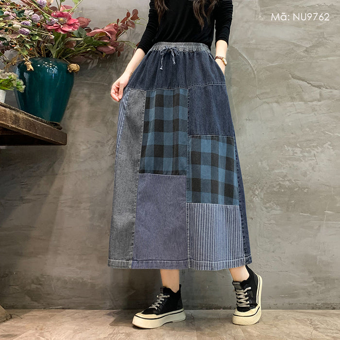 Chân váy denim retro lưng thun dây rút kẻ sọc caro - NU9762