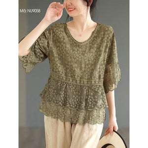 Áo T-shirt thêu ren retro ngắn tay cổ tròn - NU9058