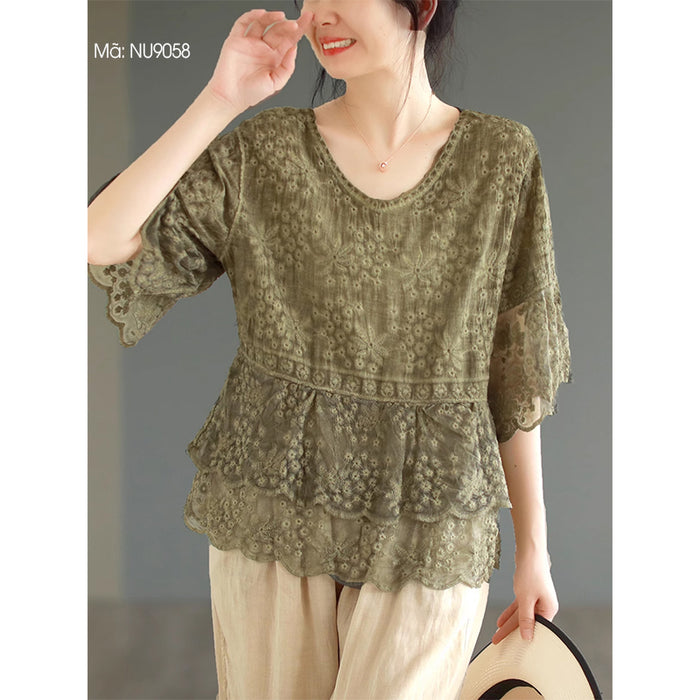 Áo T-shirt thêu ren retro ngắn tay cổ tròn - NU9058