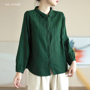 Áo sơ mi linen dài tay cổ pipi thêu hoa lá - NU9688